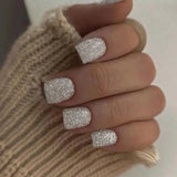 Qfdian 24Pcs Simple False Nails with Glue Short Almond Fake Nails Glitter Aurora Round Head Full Cover Nail Tips Oval Press on Nails