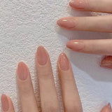 Qfdian 24Pcs Nude Pink Nail Tips Short Round Head False Nails with Design Wearable Finished Fake Nails Full Cover Press on Nails