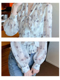 Qfdian  Floral Printed Blosue Women Office Ladies Bow Short Shirts Office Ladies Long Sleeve Elastic Waist Casual Chiffon Blouse Tops