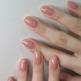 Qfdian 24Pcs Nude Pink Nail Tips Short Round Head False Nails with Design Wearable Finished Fake Nails Full Cover Press on Nails