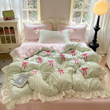 Qfdian  Korean Style Bedding Sets Pink Grid Bow Quilt Cover Romantic Bed Sheet Sets Woman Girls Bedroom Duvet Cover 4pcs