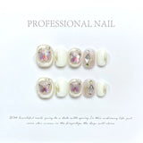 Qfdian 10Pcs Handmade Press on Nails Full Cover Cat Eye Pearls Design French Ballerina False Nails Wearable Manicure Nail Tips Art