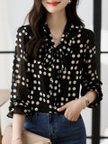 Qfdian  Spring Autumn Polka Dot Chiffon Shirts Women Bowtie Long Sleeve Black Blouse Elegant Office Ladies Causal Women Outfits