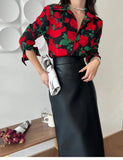 Qfdian  Black Printed Blouse Women Turn-Down Collar Single-Breasted Rose Floral Shirts Long Sleeve Fashion Tops Ladies Workwear