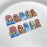 Qfdian  10pcs Ocean Style Fake Nails Duck Bill Press on Nails Set Handmade 3D Flowers Pearl Nail Art Gradient Blush French False Nails