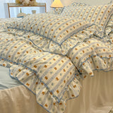 Qfdian 2/3Pc Korean Princess Style Floral Ruffles Bedding Set Single Queen Size Soft Skin-friendly Washed Cotton Duvet Cover Pillowcase