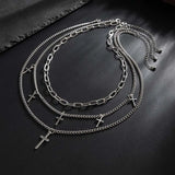 Qfdian  Punk Silver Color Cross Pendant Necklace for Women Men Gothic Hip Hop Metal Star Tassel Multi Layer Necklace Party Jewelry Gifts