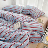 Qfdian  Simple Style Red And Blue Strip Duvet Cover Set Bed Sheet Set Washed Cotton Bedding Set