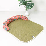 Qfdian  Cotton Linen Rattan Pet Dog Bed Mat Washable Summer Cooling Sleeping Pad with U Shaped Bolster for Dogs Cats Indoor Sofa Floor