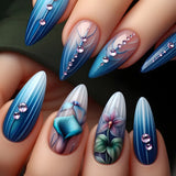 Qfdian  24pcs Long Stiletto Press on Nails Hot Girl Almond False Nails Nude Flower Rhinestones Full Cover Fake Nail Finished Manicure
