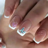 Qfdian  24Pcs Short Square Coffin False Nails Square Fake Nails with Glue French Glitter Wearable Acrylic Nails Set Press on Nail Tips