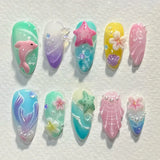 Qfdian 24Pcs 3D Green Ripple Design False Nails Cat's Eye French Almond Fake Nail Tips Leaves Pattern Removable Oval Press on Nails