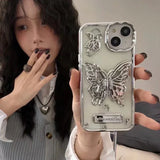 Qfdian Glitter Butterfly Gradient Stand Case for iPhone 15 16 14 12 13 Pro Max 14Pro Bracket Transparent Plating Soft Silicone Cover