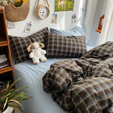 Qfdian  Bedding Set Ins Ambiance Blue Coffee Grid Mixed With Washed Cotton Minimalist Flat&Fitted Sheets Duvet Cover Set With Pillowcase