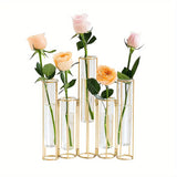 Qfdian  Test Tube Vase with 5 Test Tubes, Gold Vase for Centerpiece, Gold Vase with Metal Stand, Glass Vase for Wedding Home Decoration