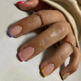 Qfdian  24Pcs Short Square Nude French Tip Press On Nails Set Reusable Acrylic Full Cover Fake Nail with Glue for Women&Girls Decoration
