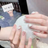 Qfdian 10Pcs Handmade Short Square French Press on Nails Flower Pearl Rhinestone Chain Design False Nails Wearable Fake Nail