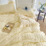 Qfdian  Korean Princess Yellow Bedding Set For Women Double Ruffle Lace Duvet Cover Full Queen Solid Color Comfortable Bed Sheet Set