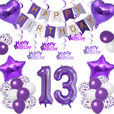 Qfdian  Purple White Foil Birthday Number Decorations Happy Birthday Banner Purple Happy Birthday Swirls Foil Heart Star Latex Balloons