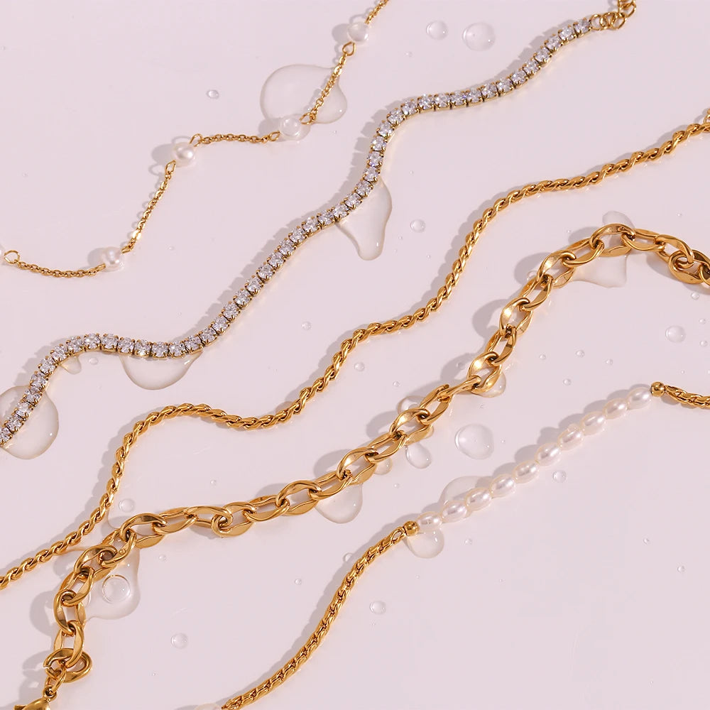 New Stainless Steel PVD Plating Waterpoof Rhinestone Zircon Freshwater Pearl Rope Chain Gold Color Anklets For Women