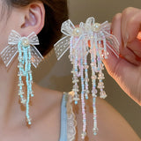 Qfdian  Bowknot tassel pearl earrings holiday style fresh and sweet earrings