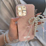 Qfdian  New Korea Bow Illustration Phone Case，For IPhone 16 15 14 13 12 17 Pro Max Mini Plus 16E 17 AIR，Pearl Pendants Cover Cases