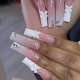 Qfdian  24Pcs Long Coffin False Nails Pink French Flowers Design Fake Nail with Butterfly Rhinestone Wearable Ballet Press on Nails