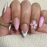 Qfdian 24pcs Mid-length Almond Press on Nails Sets Wearable Gradient Pink Flower Pearl Design False Nail French Fake Nail Finished Tips
