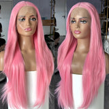 Qfdian Hot Pink Long Straight Layered Wigs for Women Synthetic Lace Front Wig Natural Wavy Hair Long pink Wigs for Daily Party Cosplay