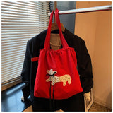 Qfdian  Korean Sweet Kawaii Bow Women's Handbags Drawstring Pleated Y2k Aesthetic Shoulder Bags Fashion Simple Casual Chic Underarm Bag