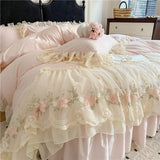 Qfdian  4Pcs Princess Wedding Bedding Set Korean Style Lace Flowers Embroidery Duvet Cover Bed Sheet/Fitted Sheet/Bed Skirt Pillowcases