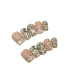 Qfdian 10Pcs Handmade Glitter Nude Pink Press On Nails with Rhinestone Design Ballet French Short False Nails Wearable Nail Tips