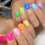 Qfdian 24Pcs Spring Colorful French Fake Nail with Designs Short Square Head Press on False Nails Wearable Simple Jelly Sticks on Nails