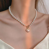 Elegant Big White Imitation Pearl Bead Necklace for Women Crystal Heart Shell Pendant Sweet Wedding Party Jewelry Collier Femme