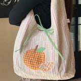 Qfdian Sweet Y2k Aesthetic Embroidery Tote Handbags Fashion Chic Kawaii Striped Underarm Bag Ins Office Lady Shoulder Canvas Bags Women