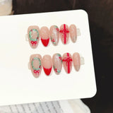 Qfdian  10pcs Handmade Red French Almond Press on Nails Christmas Gift Shiny False Nails Wearable Ins Sweet Fashion Fake Nail Tips