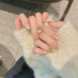 Qfdian Handmade French Short Oval Glitter Gold Cat Eye Press on Nails with Rhinestones Reusable False Nail Tip Artifical Wearable Nails