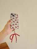 Qfdian Red cherry water-ripple bowknot chain spring funda for iphone 15pro 13 11 15 12promax 14pro 13pro 12 pro max ins phone case