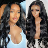 Qfdian Jet Black Loose Body Wave Wig Synthetic Lace Front Wig Long Curly Wavy Natural Colored Hair 13X4 Frontal Wigs for Women Daily