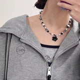 Qfdian  Punk Y2K Grunge Black Star Pendant Beaded Silver Color Chain Choker Necklace For Women Men Goth Charm EMO 2000s Jewely Accessory