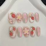 Qfdian  10pcs Sweet Short Oval Fake Nail Patches Hand-painted 3D Pink Strawberry Flower Press On Nails Spring Summer Fresh Handmade Nail