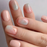Qfdian 24Pcs Simple Fake Nail with Broken Diamond Short Square Press on False Nails Gradient White Wearable Ballet Full Cover Nail Tip