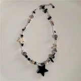 Qfdian  Punk Y2K Grunge Black Star Pendant Beaded Silver Color Chain Choker Necklace For Women Men Goth Charm EMO 2000s Jewely Accessory