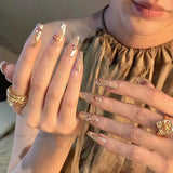 Qfdian 10pcs handmade french ballet press on acrylic nails magic mirror powder false nails rose designs fake nails removable nail