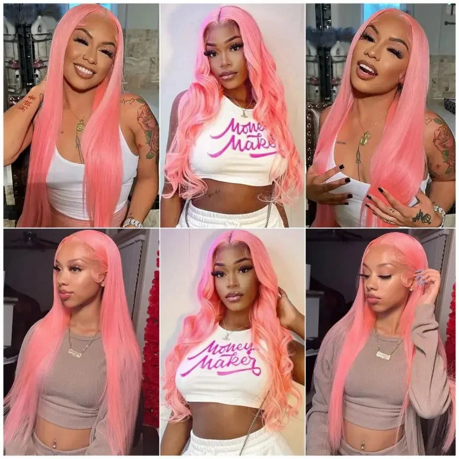 Qfdian 30 Inch Bone Straight Pink Lace Front Human Hair Wigs Brazilan 13x6 Hd Transparent Lace Frontal Wig 613 Colored Wigs For Women