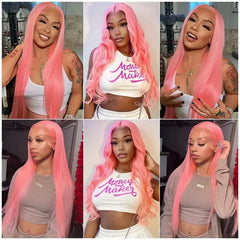 Qfdian 30 Inch Bone Straight Pink Lace Front Human Hair Wigs Brazilan 13x6 Hd Transparent Lace Frontal Wig 613 Colored Wigs For Women