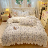 Qfdian  Korean Style Floral Double Gauze Bedding Set 3pcs/4pcs Soft Breathable Cotton Duvet Cover Sheet Girly Dorm Home Textile