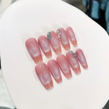 Qfdian  Handmade Fake Nails Short Round Head Flower Designed Press on Nails Pink Wearable False Nails Tips for Women Girls DIY Manicure