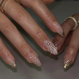 Qfdian 24Pcs Simple French Nails Art Tips Fake Nails 3D Design Wearable Full Cover False Nail Mid-length Almond Reusable Press on Nails