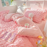 Qfdian  Princess Bedding Set  French Style Wash Cotton Solid Color Seersucker Summer Soft 2024New Bed Sheet Set Comforter Set
